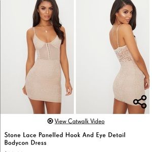 Stone lace panelled hook and eye body con dress